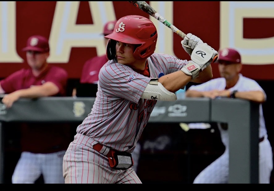 Rip City-trained hitter loaded in his stance at the plate during a college game